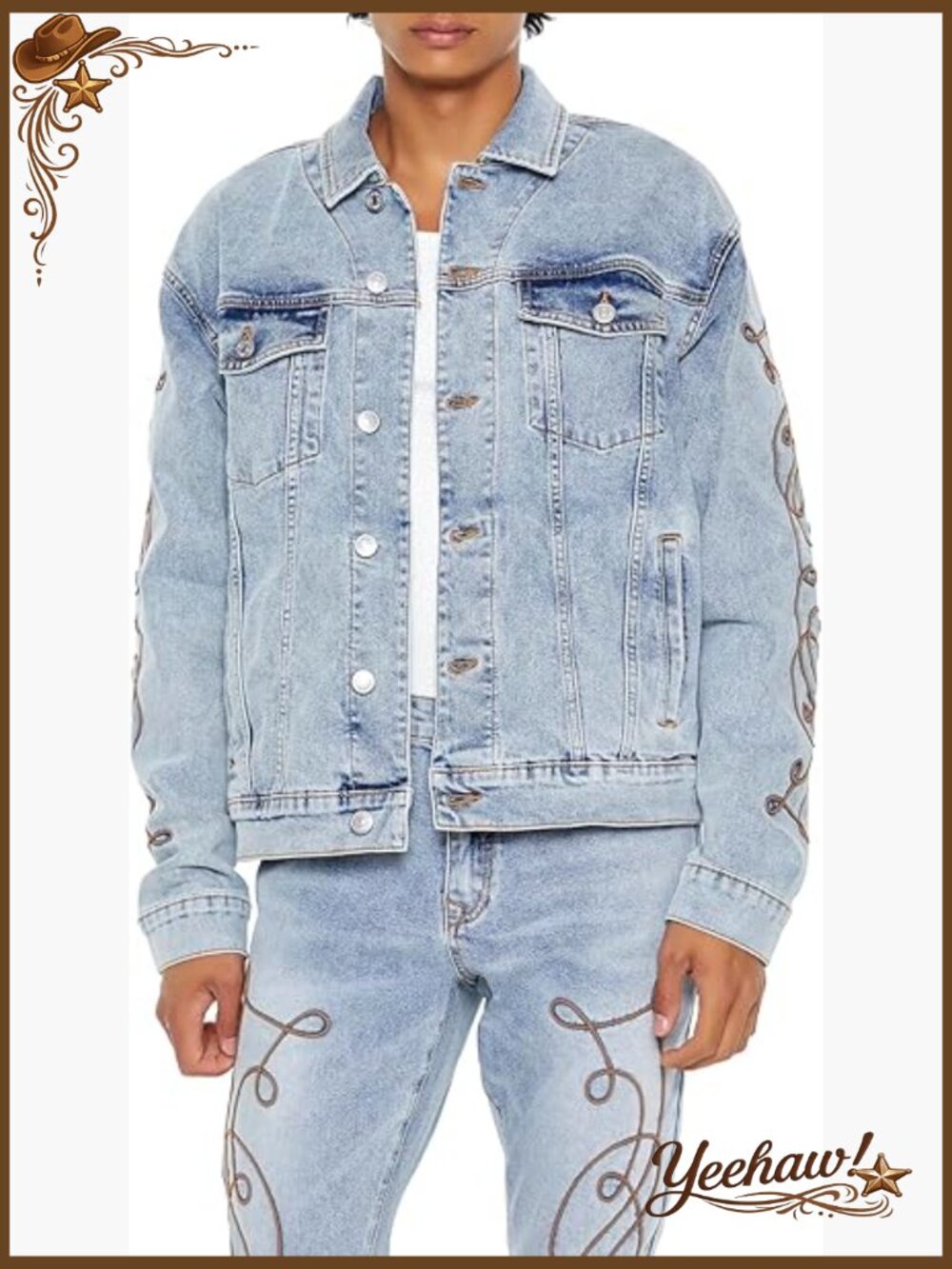 Men's Embroidered Denim Trucker Jacket - Lightweight Stretch - Picture 1 of 6